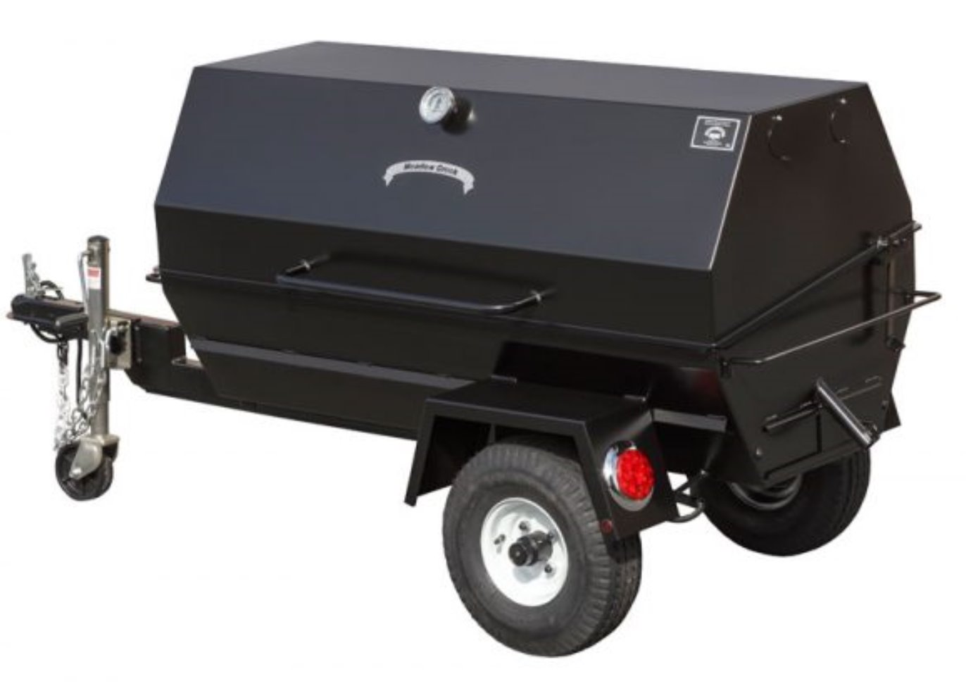 A black meadow creek pig roaster tow behind PR60T